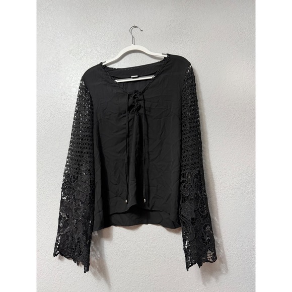VENUS Tops - Venus Womens Black Lace Up V-Neck Blouse Crochet Bell Sleeve Top Y66507 Size L